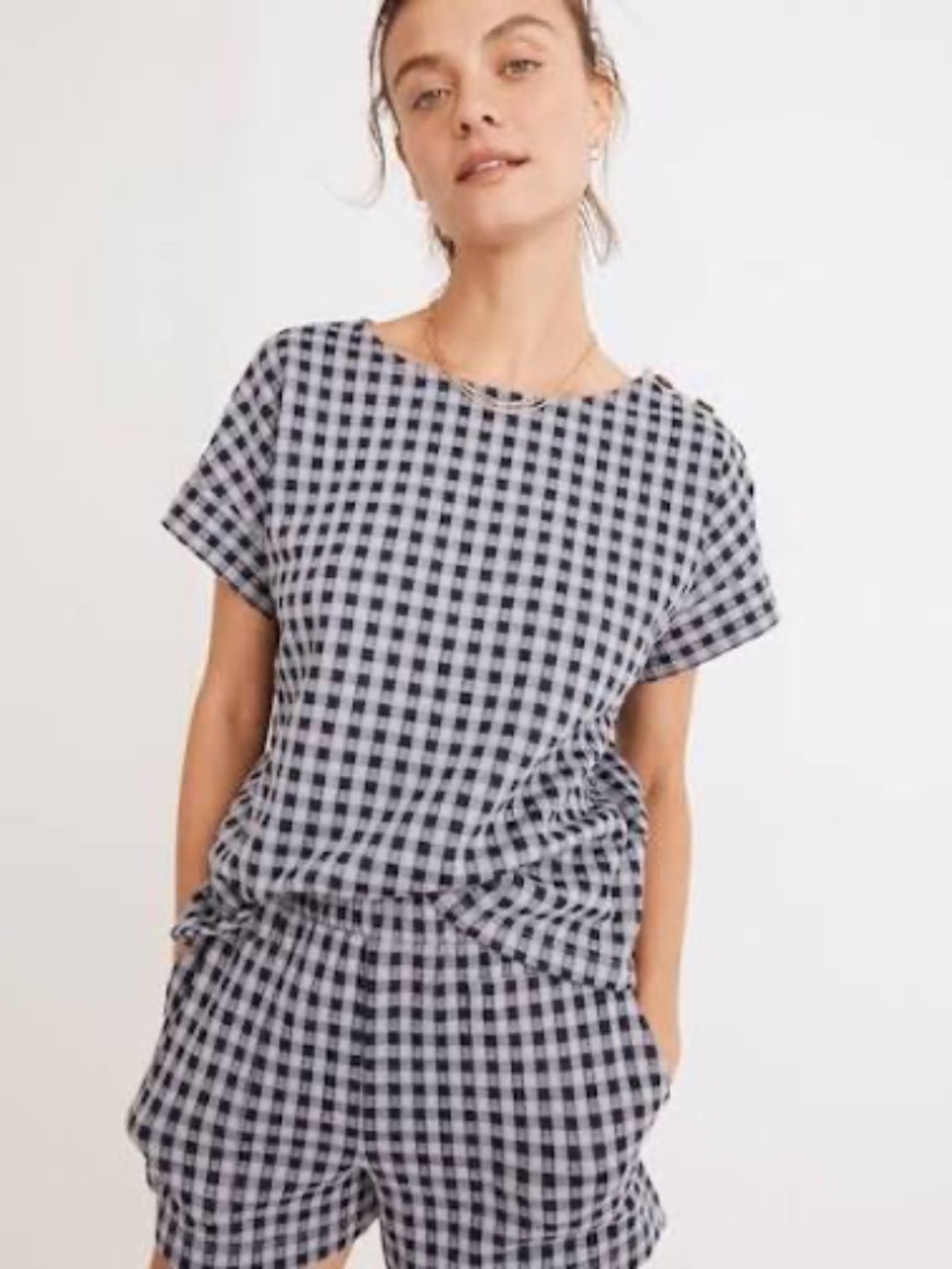 Madewell Gingham Knit Button-Shoulder Top
